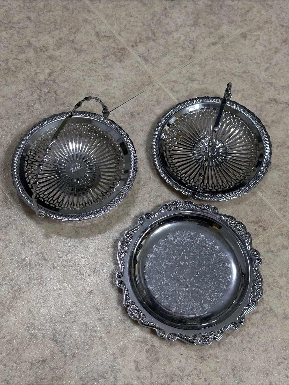 Vintage Hong Kong Silver Tone Pedestal Candy / Fruit Basket Tray Set of 3